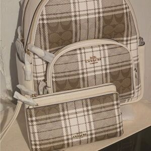 Coach Tan and Cream Plaid Backpack Set